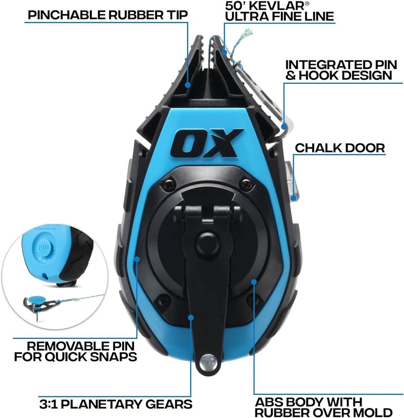 Ox Pro 50ft Precision Chalk Line with Pinchable Rubber Tip and 4oz Chalk Powder Refill - Kevlar and Nylon Ultra Fine Line Marking Tool 3:1 Gear Ratio Chalk Reel Tool -P630702 - Image 2